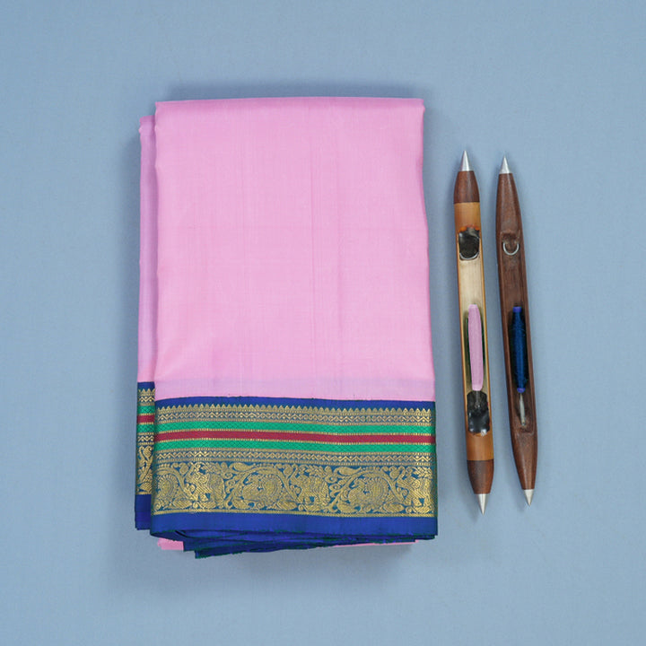 Hayagrivas Handloom Rose Pink Kanjivaram Silk Saree with Peacock Blue Border KBE2092A1-1
