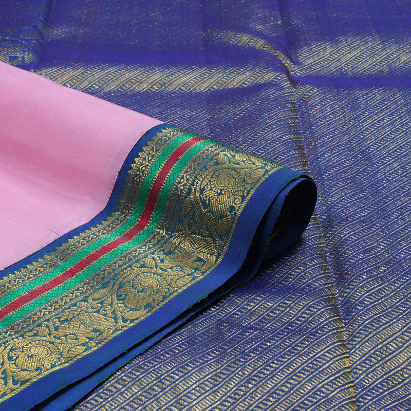 Hayagrivas Handloom Rose Pink Kanjivaram Silk Saree with Peacock Blue Border KBE2092A1-1