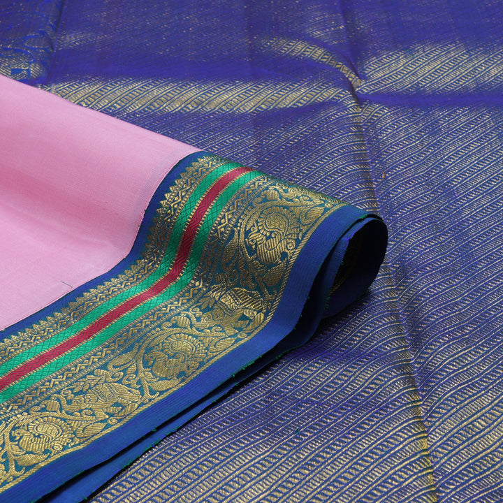 Hayagrivas Handloom Rose Pink Kanjivaram Silk Saree with Peacock Blue Border KBE2092A1-1