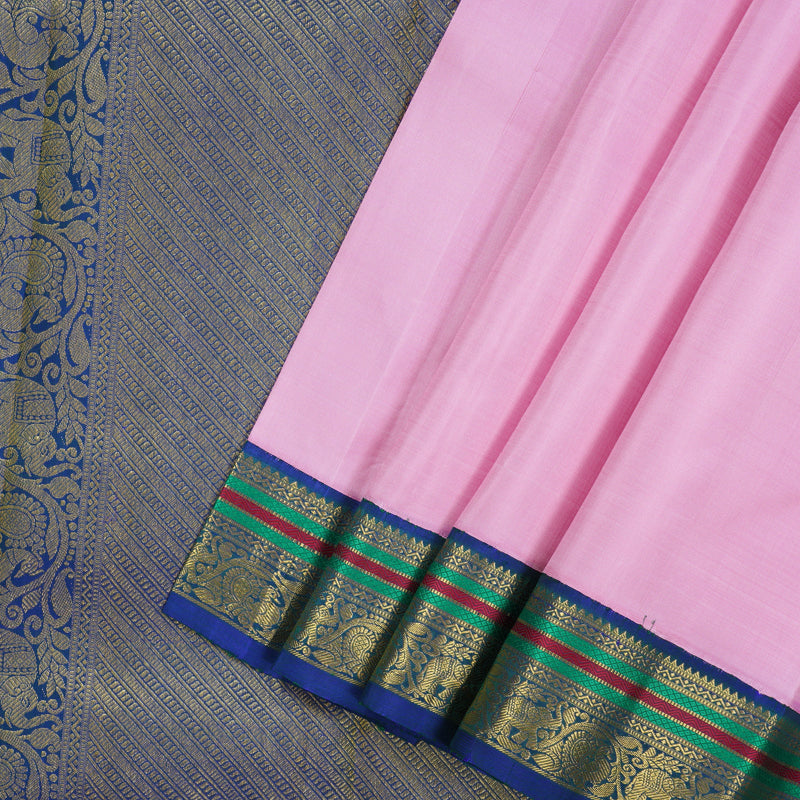 Hayagrivas Handloom Rose Pink Kanjivaram Silk Saree with Peacock Blue Border KBE2092A1-1