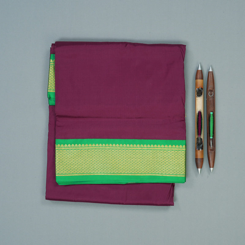 Hayagrivas Handloom Dark Purple Ten Yards Silk Saree with Parrot Green Border KBE2099A1-15