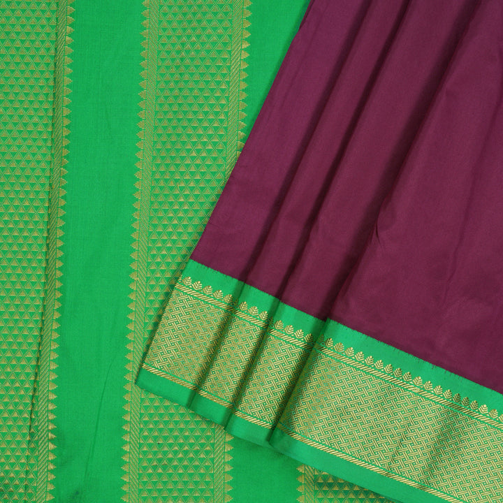 Hayagrivas Handloom Dark Purple Ten Yards Silk Saree with Parrot Green Border KBE2099A1-15