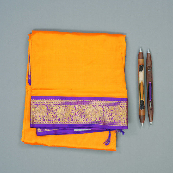Hayagrivas Handloom Mambazham Yellow Ten Yards Silk Saree with Purple Border KBE2099A1-68