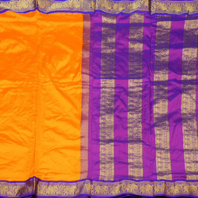 Hayagrivas Handloom Mambazham Yellow Ten Yards Silk Saree with Purple Border KBE2099A1-68
