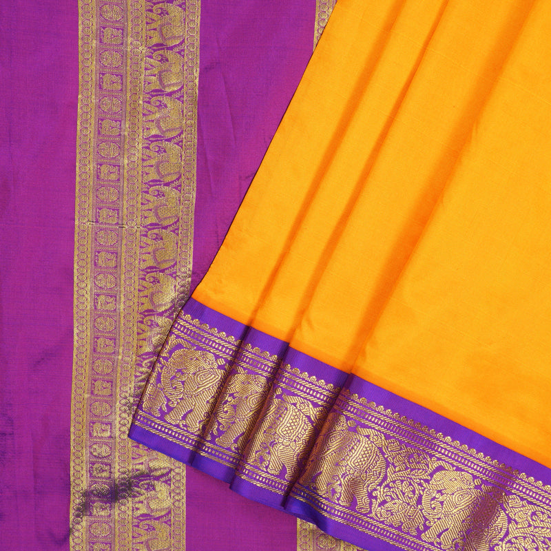 Hayagrivas Handloom Mambazham Yellow Ten Yards Silk Saree with Purple Border KBE2099A1-68