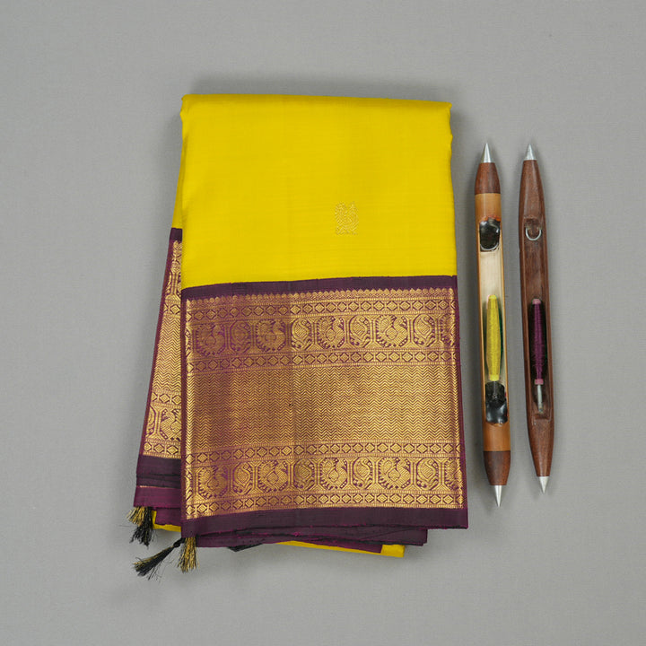 Hayagrivas Lemon Yellow Handloom Kanjivaram Silk Saree with Dark Purple Border KBE20D10-10