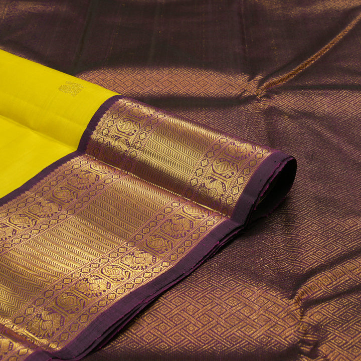 Hayagrivas Lemon Yellow Handloom Kanjivaram Silk Saree with Dark Purple Border KBE20D10-10