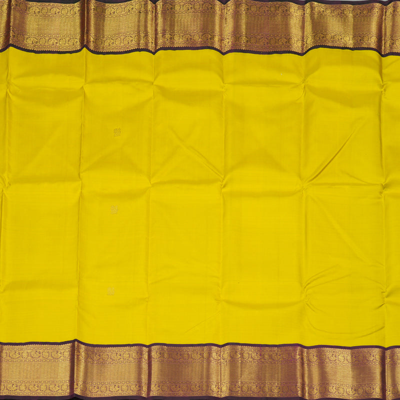 Hayagrivas Lemon Yellow Handloom Kanjivaram Silk Saree with Dark Purple Border KBE20D10-10