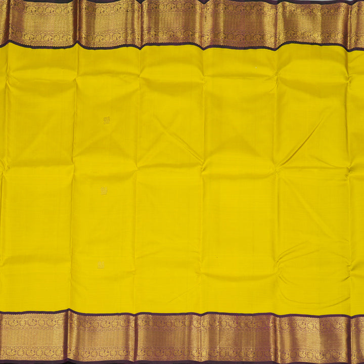Hayagrivas Lemon Yellow Handloom Kanjivaram Silk Saree with Dark Purple Border KBE20D10-10