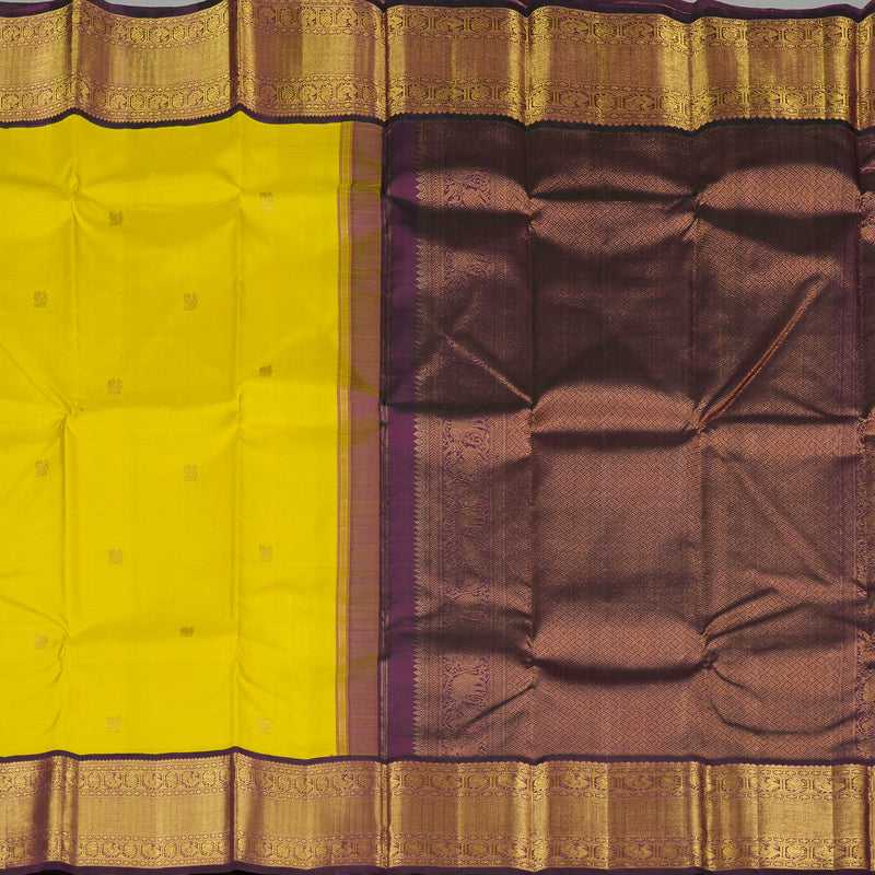 Hayagrivas Lemon Yellow Handloom Kanjivaram Silk Saree with Dark Purple Border KBE20D10-10