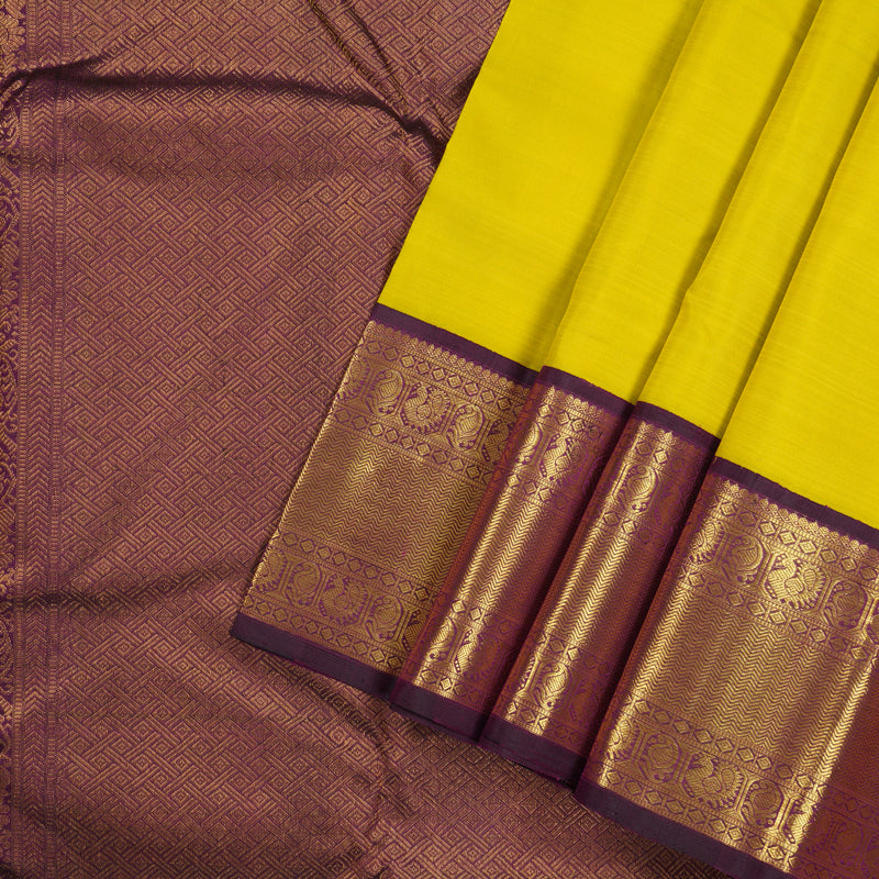 Hayagrivas Lemon Yellow Handloom Kanjivaram Silk Saree with Dark Purple Border KBE20D10-10