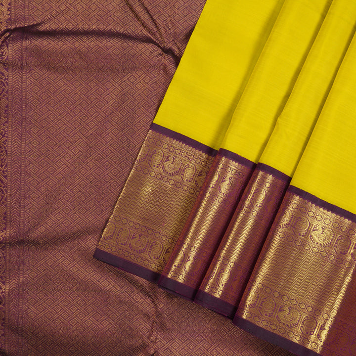 Hayagrivas Lemon Yellow Handloom Kanjivaram Silk Saree with Dark Purple Border KBE20D10-10