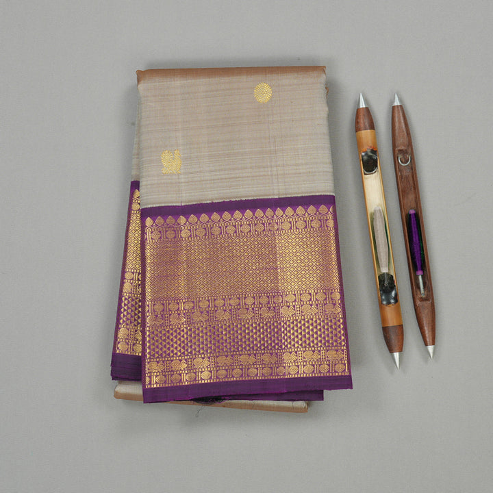 Hayagrivas Sandal Beige Handloom Kanjivaram Silk Saree with Dark Purple Border KBE20D10-3