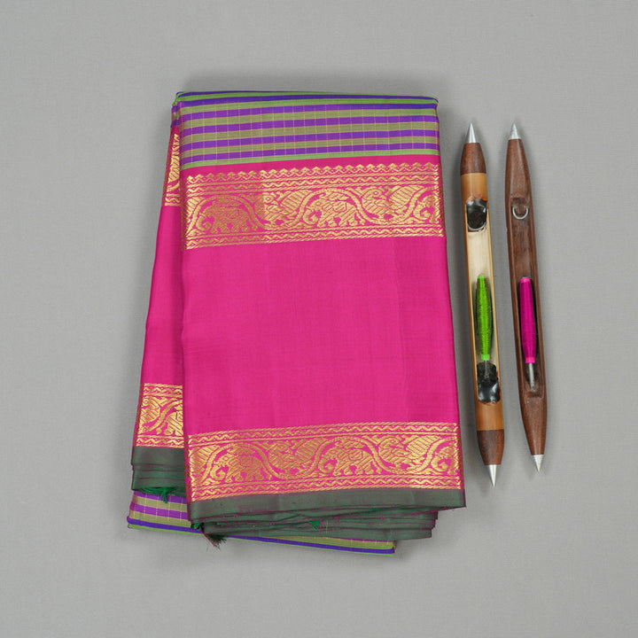 Hayagrivas Green With Purple Handloom Kanjivaram Silk Saree with Pink Border KBE20D6-1