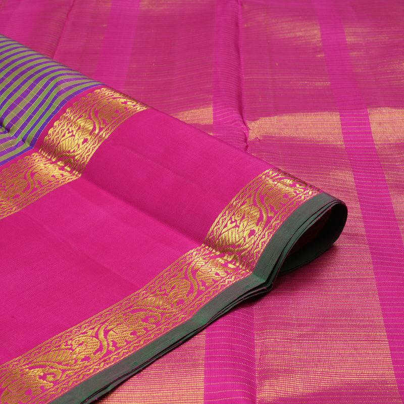 Hayagrivas Green With Purple Handloom Kanjivaram Silk Saree with Pink Border KBE20D6-1
