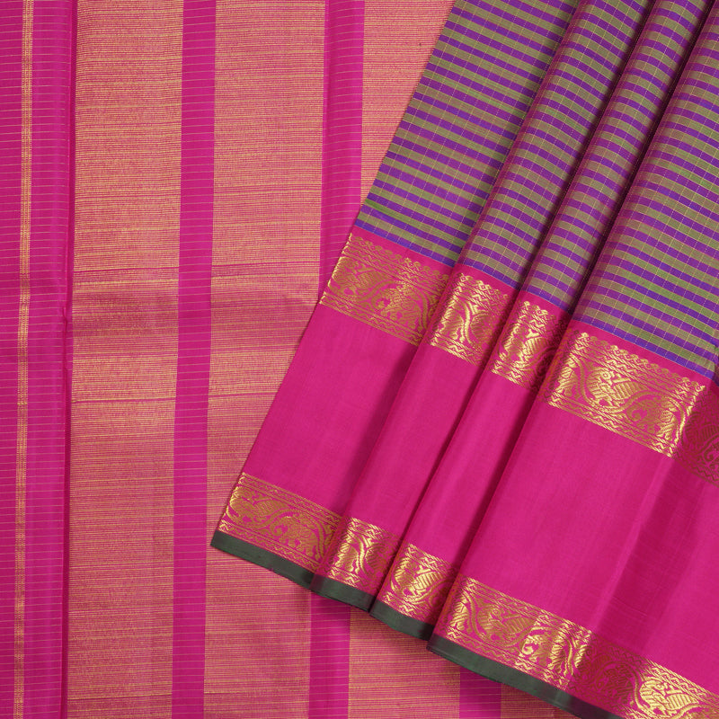 Hayagrivas Green With Purple Handloom Kanjivaram Silk Saree with Pink Border KBE20D6-1