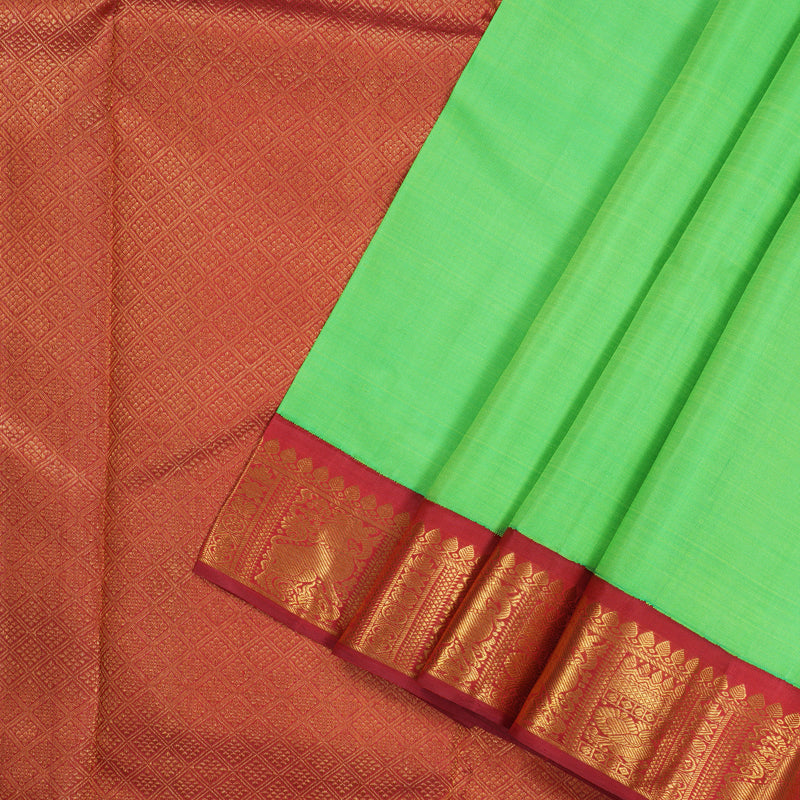 Hayagrivas Handloom Fluorescent Green Kanjivaram Silk Saree with Maroon Border KBE20D8-3