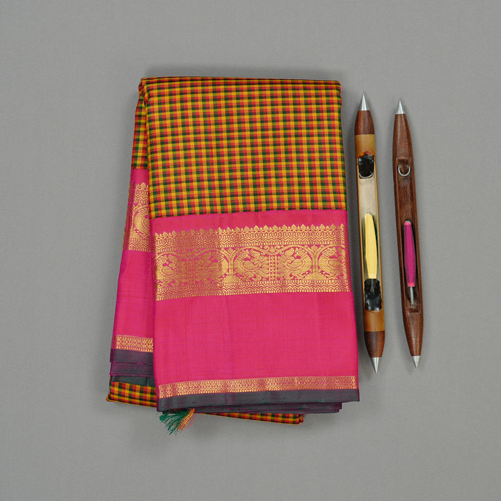Hayagrivas Multi Colour Checks Handloom Kanjivaram Silk Saree with Reddish Pink Border KBE20D9-1