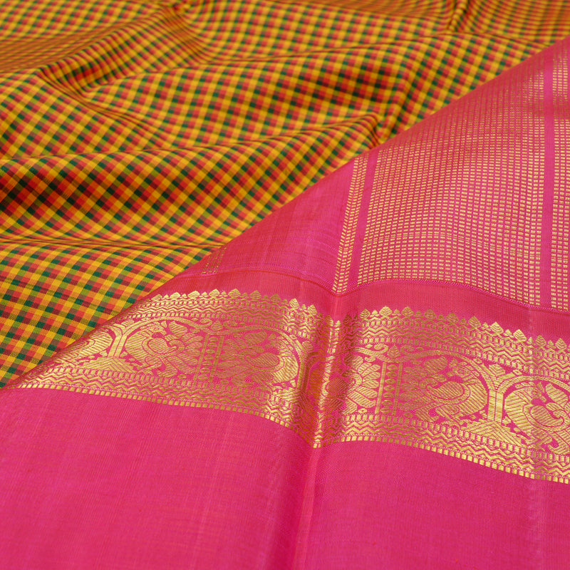 Hayagrivas Multi Colour Checks Handloom Kanjivaram Silk Saree with Reddish Pink Border KBE20D9-1