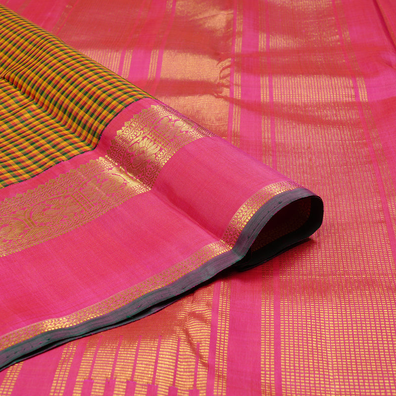 Hayagrivas Multi Colour Checks Handloom Kanjivaram Silk Saree with Reddish Pink Border KBE20D9-1