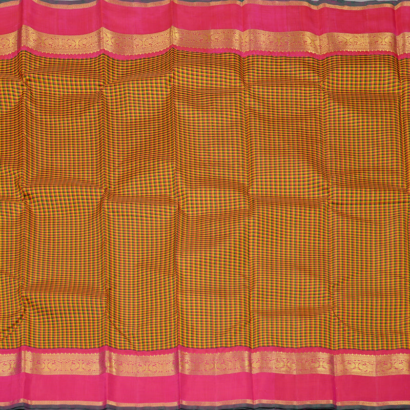 Hayagrivas Multi Colour Checks Handloom Kanjivaram Silk Saree with Reddish Pink Border KBE20D9-1