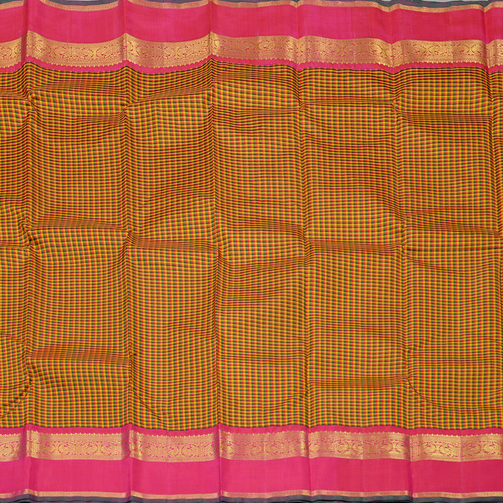 Hayagrivas Multi Colour Checks Handloom Kanjivaram Silk Saree with Reddish Pink Border KBE20D9-1