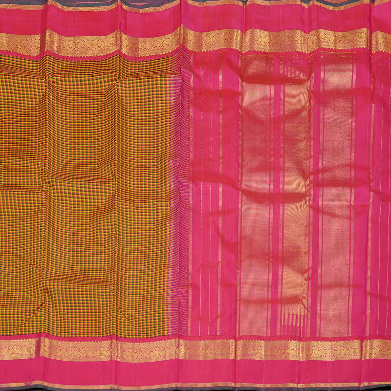 Hayagrivas Multi Colour Checks Handloom Kanjivaram Silk Saree with Reddish Pink Border KBE20D9-1