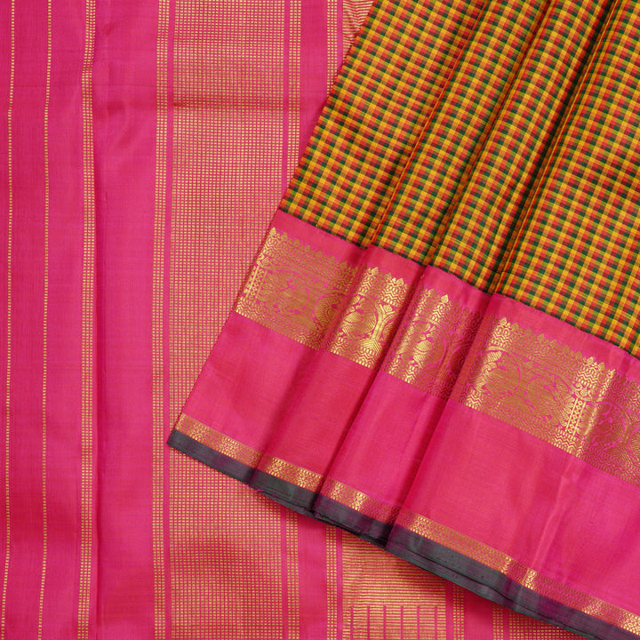 Hayagrivas Multi Colour Checks Handloom Kanjivaram Silk Saree with Reddish Pink Border KBE20D9-1