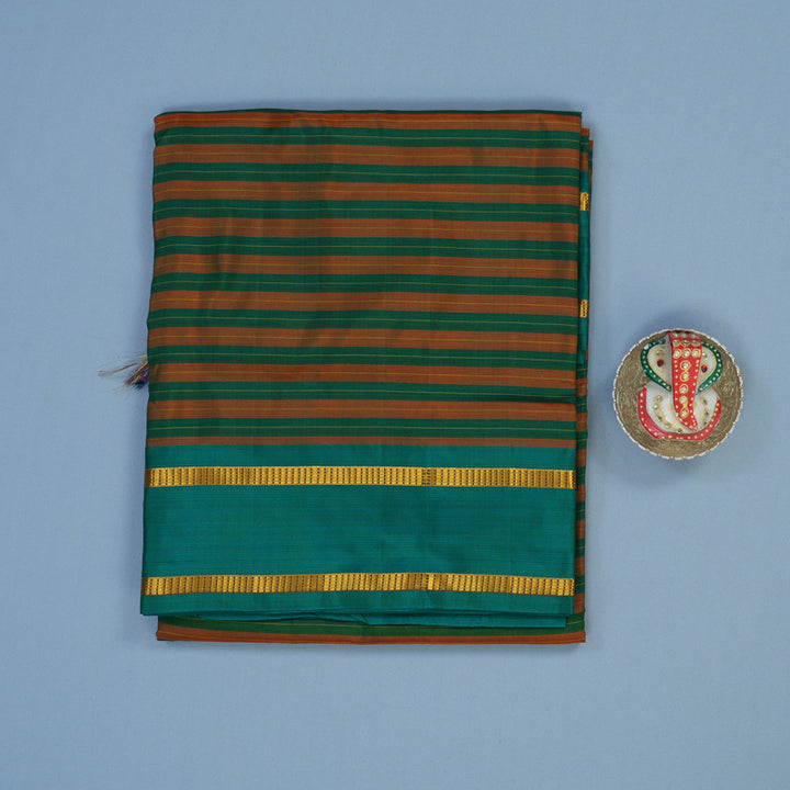 Hayagrivas Handloom Orange & Green Stripes Ten Yards Silk Saree KBE2109A1-2