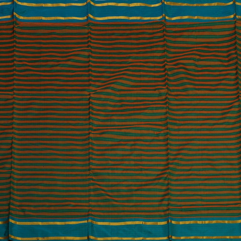 Hayagrivas Handloom Orange & Green Stripes Ten Yards Silk Saree KBE2109A1-2