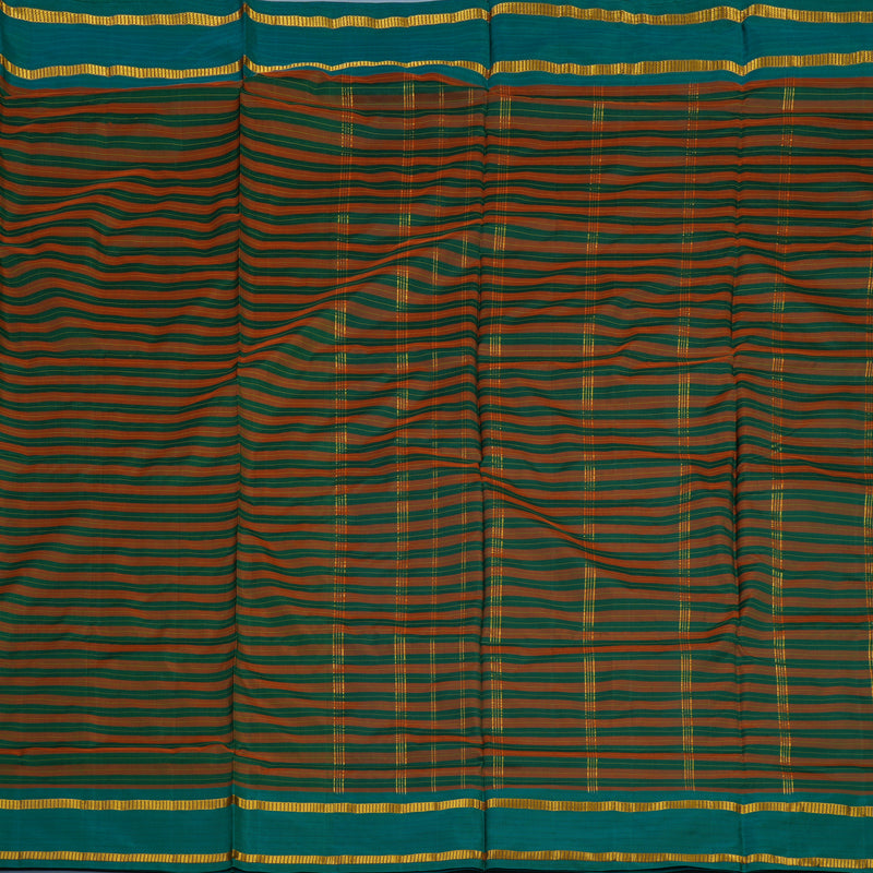 Hayagrivas Handloom Orange & Green Stripes Ten Yards Silk Saree KBE2109A1-2