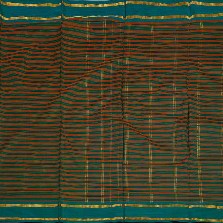 Hayagrivas Handloom Orange & Green Stripes Ten Yards Silk Saree KBE2109A1-2