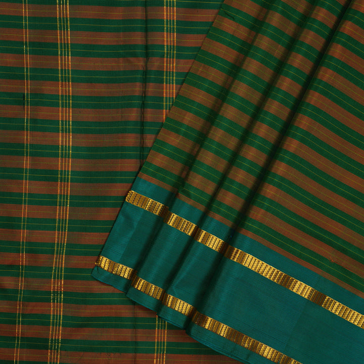 Hayagrivas Handloom Orange & Green Stripes Ten Yards Silk Saree KBE2109A1-2