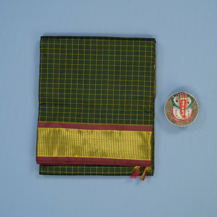 Hayagrivas Handloom Mehandi Green Ten Yards Silk Saree KBE2109A3-1