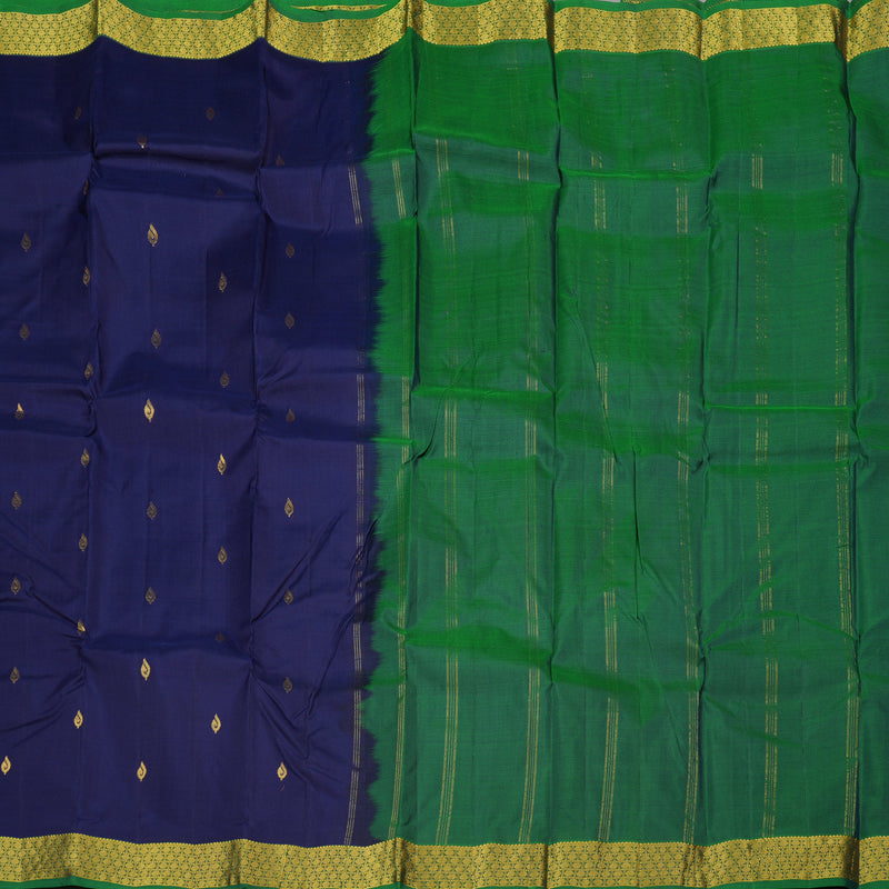 Hayagrivas Dark Blue Handloom Kanjivaram Silk Saree with Peacock Green Border KBE210D1-3