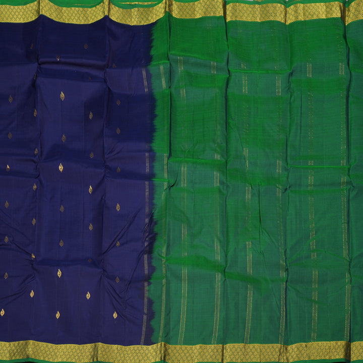 Hayagrivas Dark Blue Handloom Kanjivaram Silk Saree with Peacock Green Border KBE210D1-3
