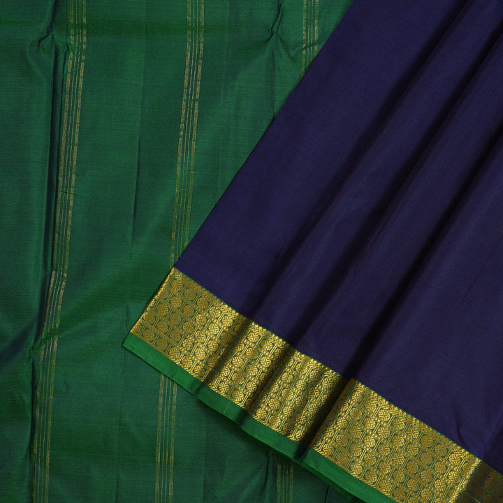 Hayagrivas Dark Blue Handloom Kanjivaram Silk Saree with Peacock Green Border KBE210D1-3