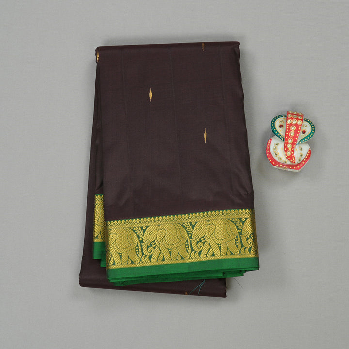 Hayagrivas Dark Brown Handloom Kanjivaram Silk Saree with Dark Green Border KBE210D1-9