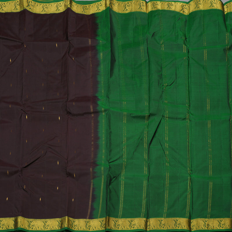 Hayagrivas Dark Brown Handloom Kanjivaram Silk Saree with Dark Green Border KBE210D1-9