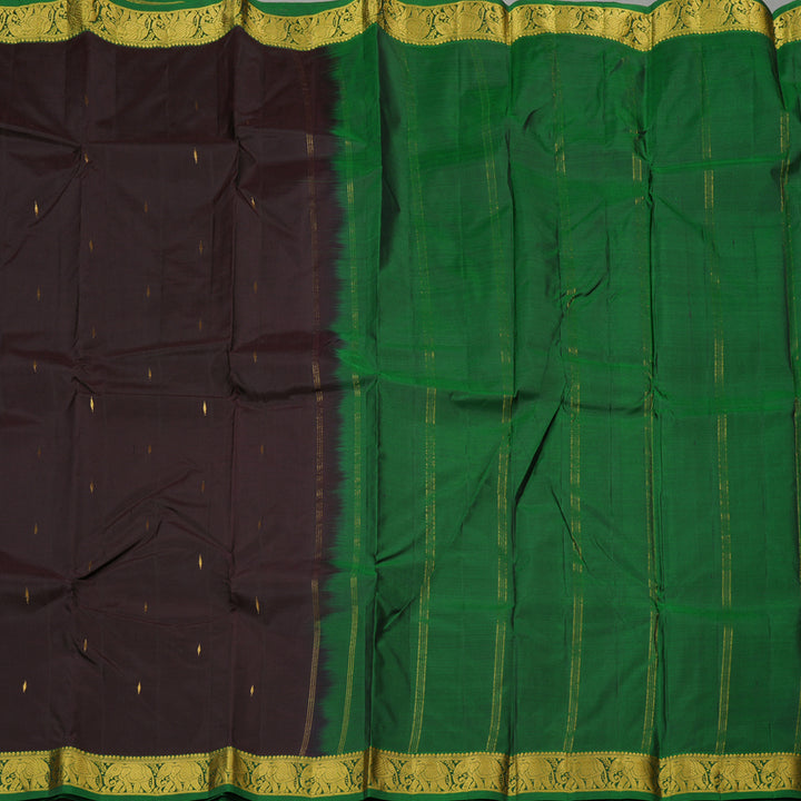 Hayagrivas Dark Brown Handloom Kanjivaram Silk Saree with Dark Green Border KBE210D1-9