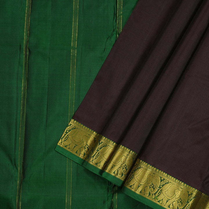 Hayagrivas Dark Brown Handloom Kanjivaram Silk Saree with Dark Green Border KBE210D1-9