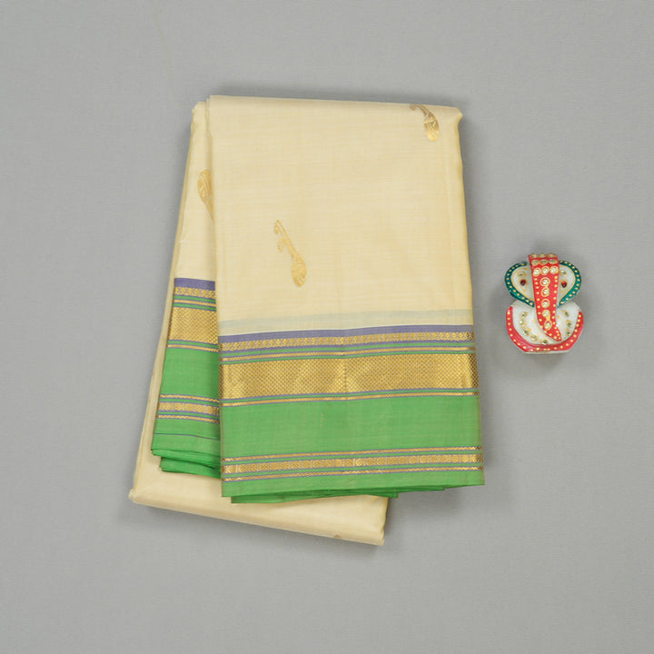Hayagrivas Half White Handloom Kanjivaram Silk Saree with Light Green Border KBE210D2-4