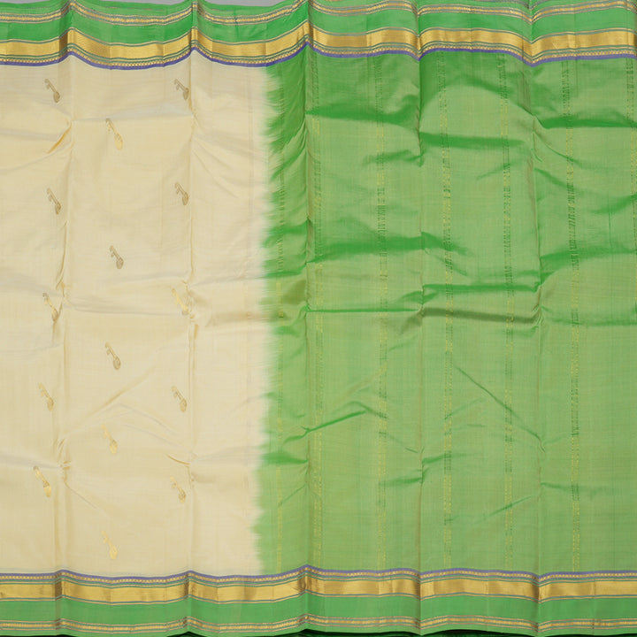 Hayagrivas Half White Handloom Kanjivaram Silk Saree with Light Green Border KBE210D2-4
