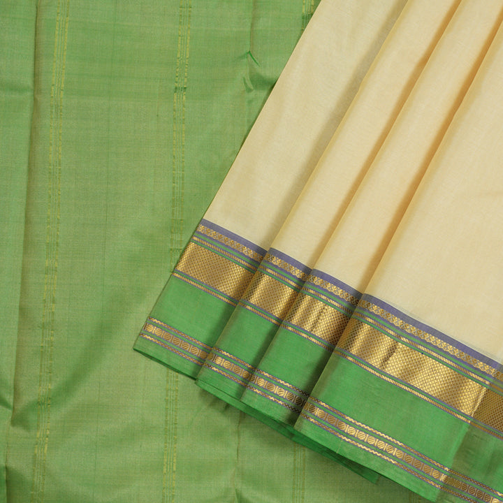Hayagrivas Half White Handloom Kanjivaram Silk Saree with Light Green Border KBE210D2-4