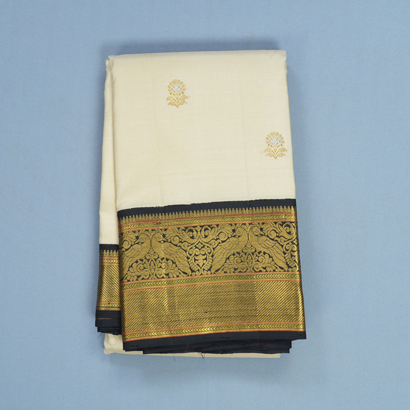 Hayagrivas Handloom Half-White Kanjivaram Silk Saree with Kanchana Brown Border KBE2112A1-1