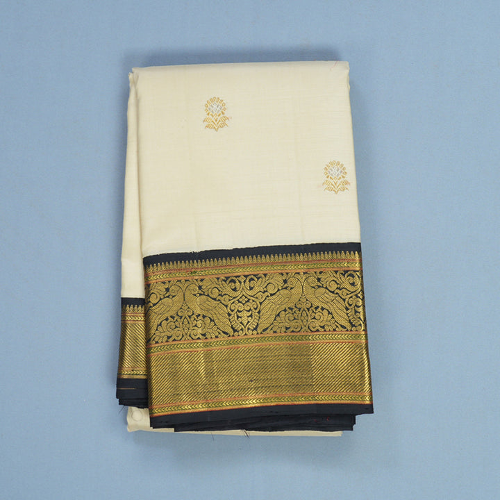 Hayagrivas Handloom Half-White Kanjivaram Silk Saree with Kanchana Brown Border KBE2112A1-1