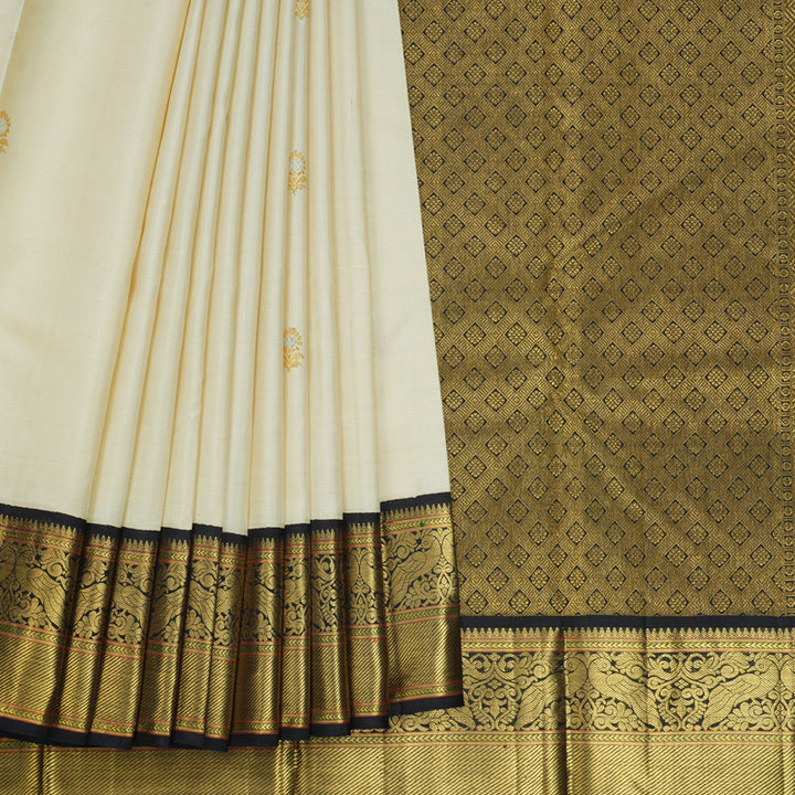 Hayagrivas Handloom Half-White Kanjivaram Silk Saree with Kanchana Brown Border KBE2112A1-1