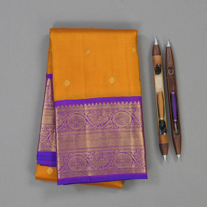 Hayagrivas Handloom Mustard Yellow Kanjivaram Silk Saree with Purple Border KBE2114A1-1
