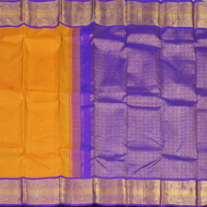 Hayagrivas Handloom Mustard Yellow Kanjivaram Silk Saree with Purple Border KBE2114A1-1
