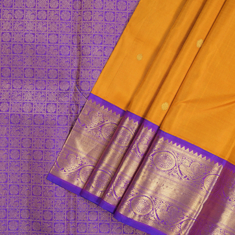 Hayagrivas Handloom Mustard Yellow Kanjivaram Silk Saree with Purple Border KBE2114A1-1